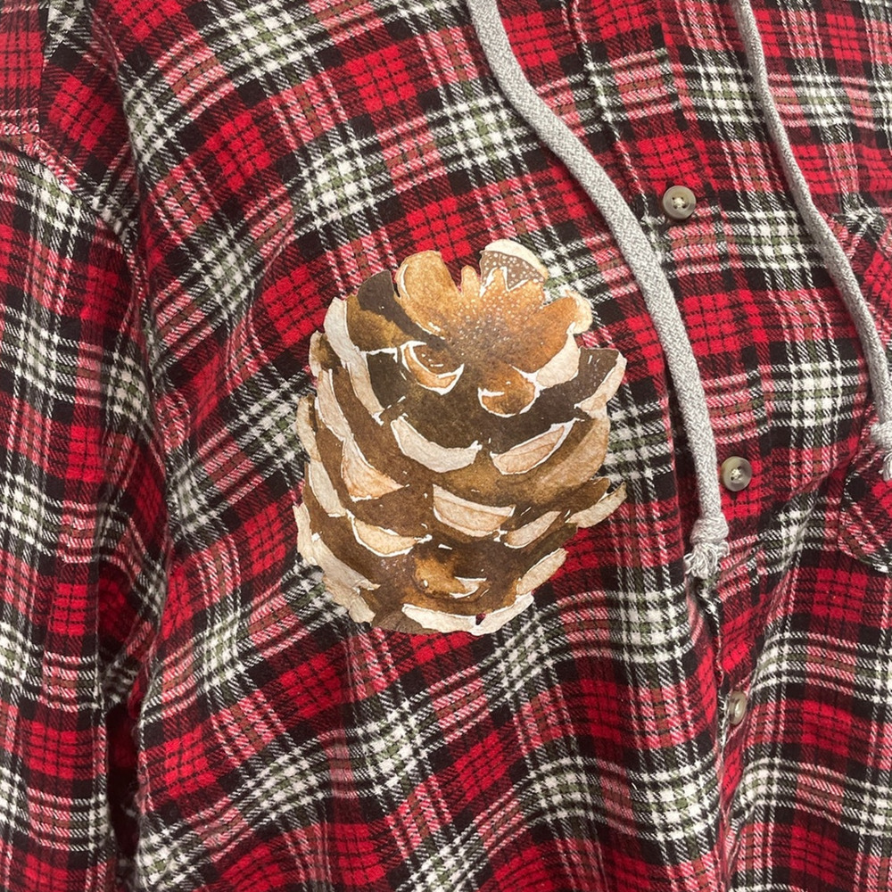 New Hand Printed Womens XXL Rustic Pine Cone Long Sleeve Plaid Flannel Hoodie - Picture 2 of 4